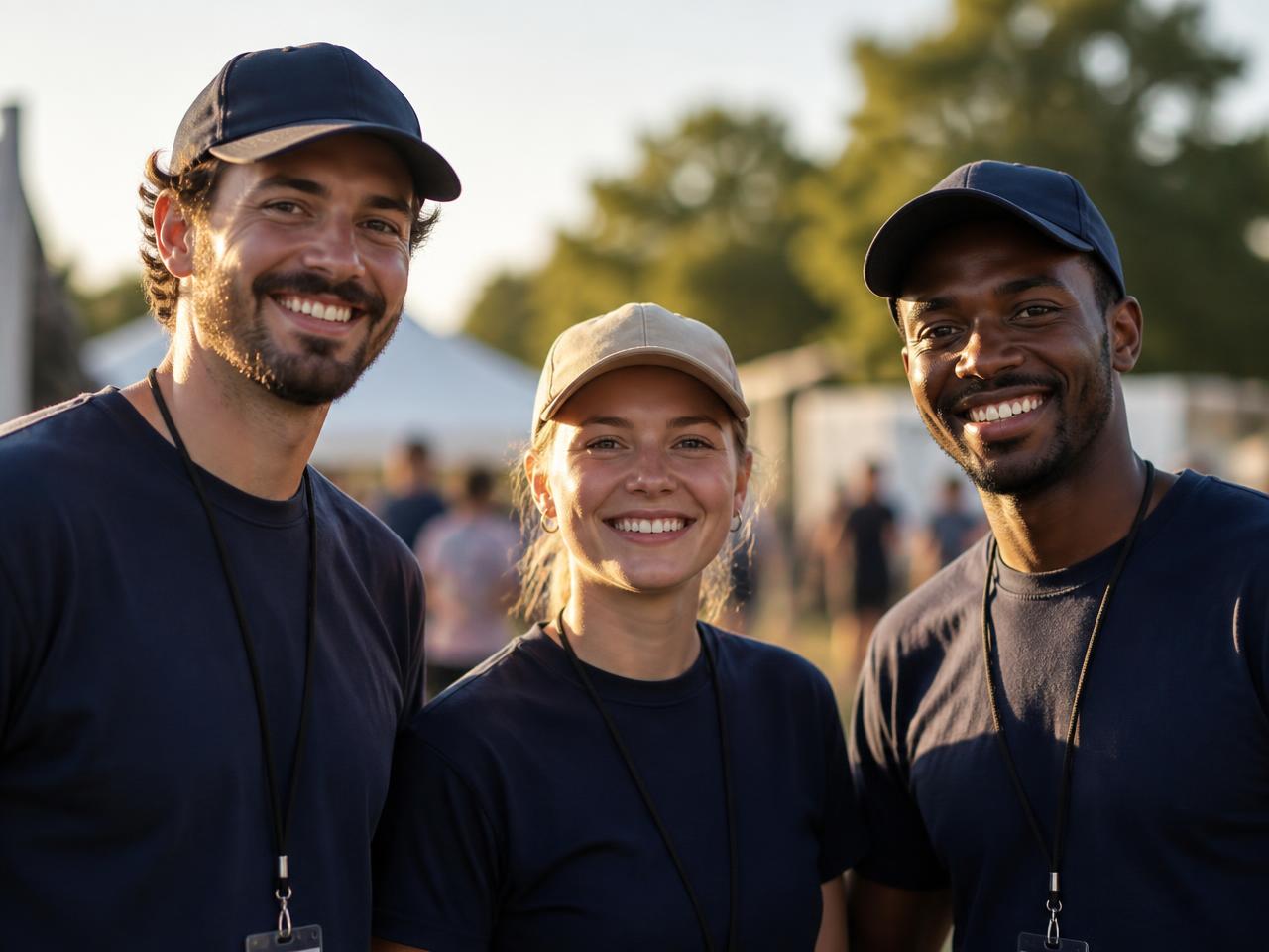 Trois membres d'une équipe portant des casquettes unies en extérieur